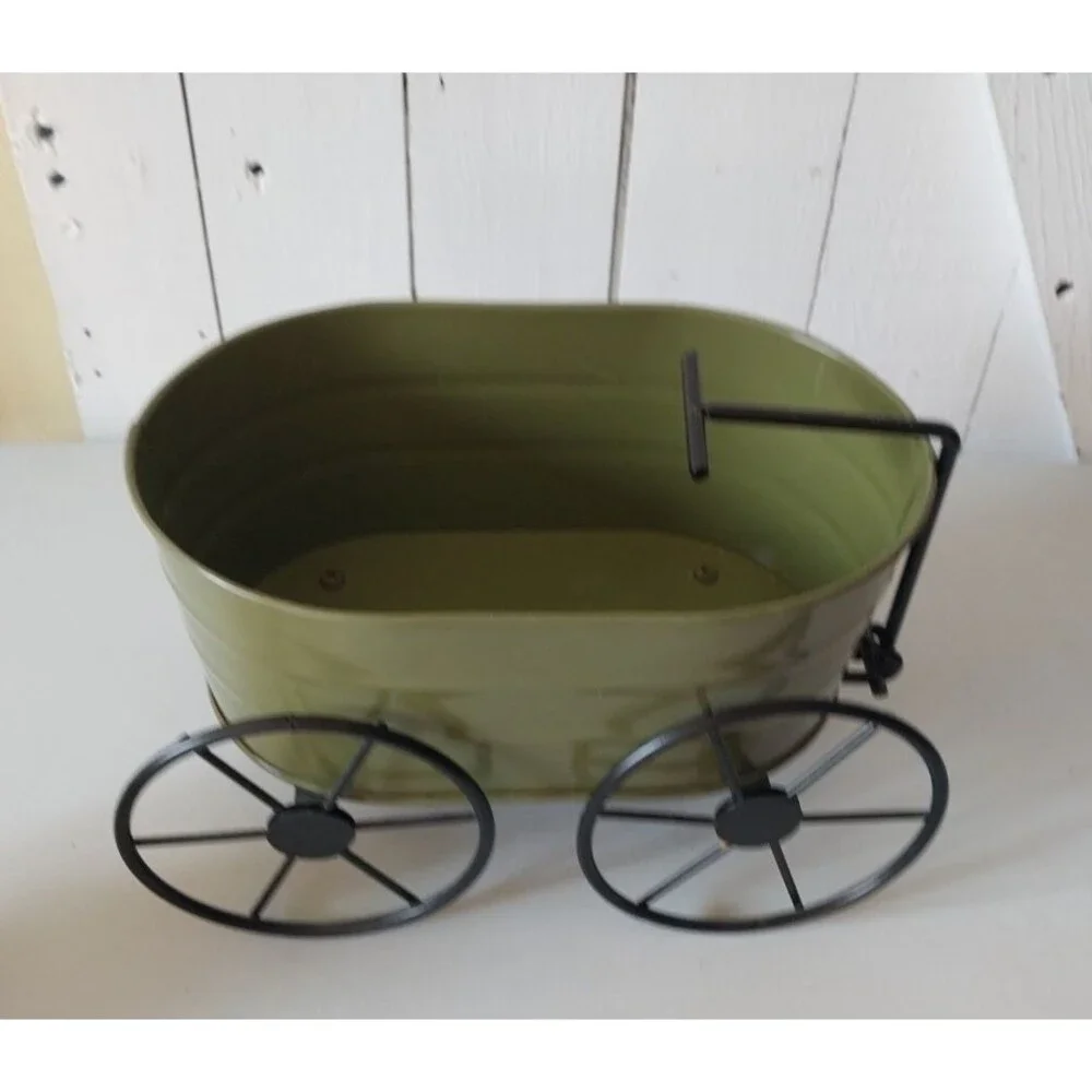 Olive Green Metal Wagon Planter w/ Rustic Black Wrought Iron Wheels Tabletop
